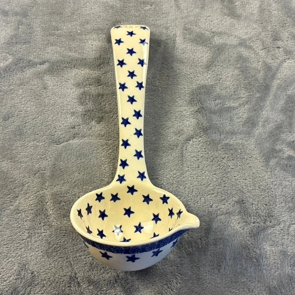 Poland Hand Made Polish Pottery Ladle Blue Rose Pattern Pour Spout 9.5in